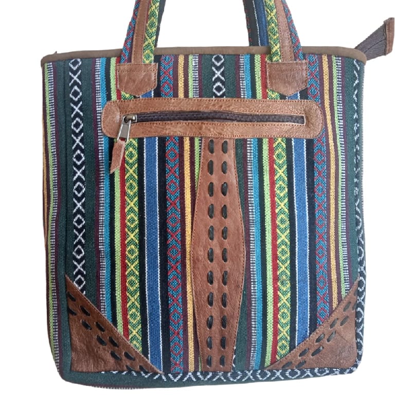 Handcrafted Nepali Striped Cotton & Leather Women'S Shoulder Bag With Zipper And Adjustable Strap - image 4