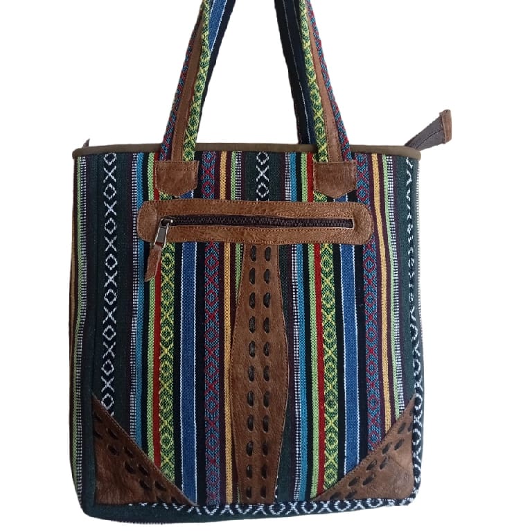 Handcrafted Nepali Striped Cotton & Leather Women'S Shoulder Bag With Zipper And Adjustable Strap - image 2
