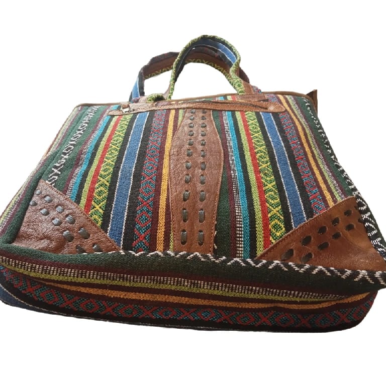Handcrafted Nepali Striped Cotton & Leather Women'S Shoulder Bag With Zipper And Adjustable Strap - image 5
