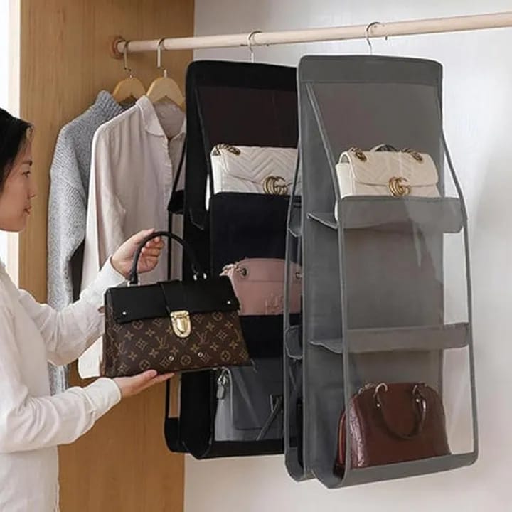 6 Pocket Foldable Hanging Bag 3 Layers Folding Shelf Bag Purse Handbag Organizer With Hanger - image 1