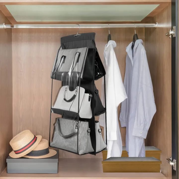 6 Pocket Foldable Hanging Bag 3 Layers Folding Shelf Bag Purse Handbag Organizer With Hanger - image 4