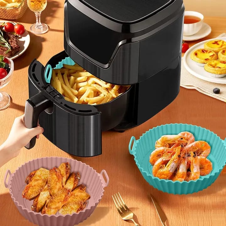 Air Fryer Silicon Tray Liners I Round Silicone Basket Baking Tray I Pot with Ear Handles I Nonstick Reusable Heat Resistant I Cooking Fryer - image 1