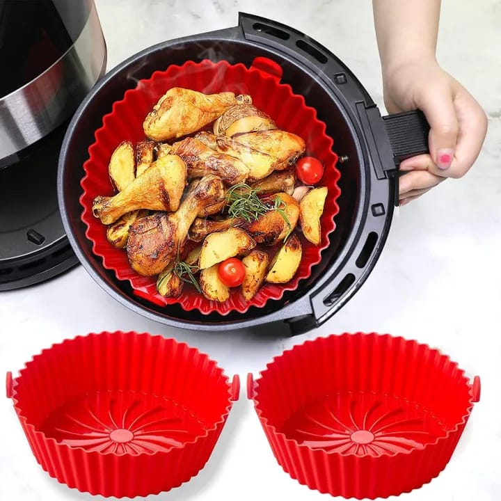 Air Fryer Silicon Tray Liners I Round Silicone Basket Baking Tray I Pot with Ear Handles I Nonstick Reusable Heat Resistant I Cooking Fryer - image 4