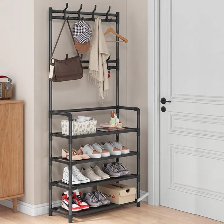Multifunctional Coat Rack 4 Tier 3 In 1 Hall Tree Shoe Bench With Keys Hat Umbrella Stand with 8 Hooks Hanger - image 1