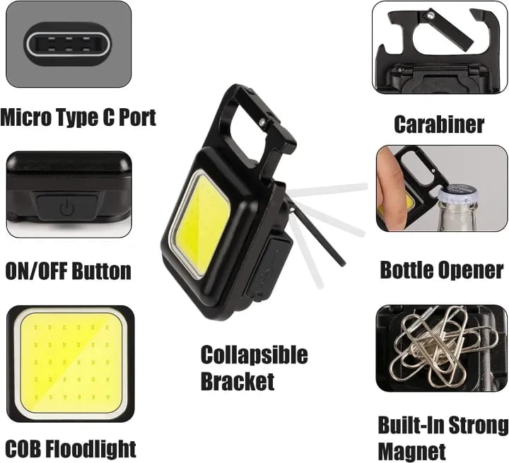 Rechargeable Keychain Mini Flashlight 3 Modes Portable Pocket Light With Folding Bracket Bottle Opener and Magnet Base for Fishing, Walking, Camping - image 3
