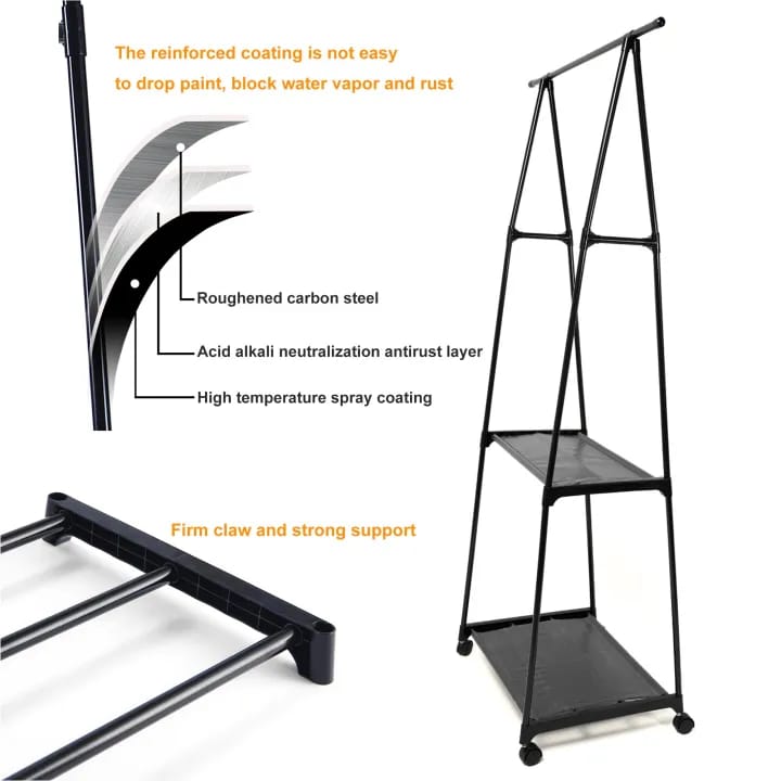 Triangle Coat Rack Black Garment Rack with Removable Wheels Two-tier Shelf Clothes Organizer - image 5