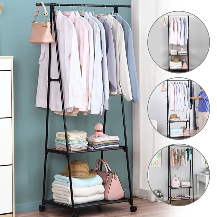 Triangle Coat Rack Black Garment Rack with Removable Wheels Two-tier Shelf Clothes Organizer - image 1