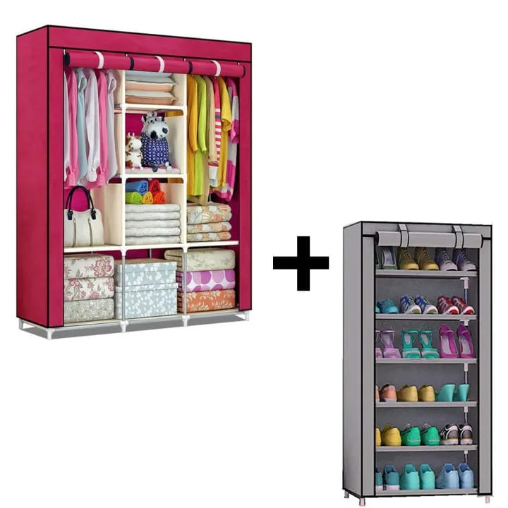 Combo Of Wardrobe Clothes Rack + Portable 6 Layer Shoe Rack - image 1