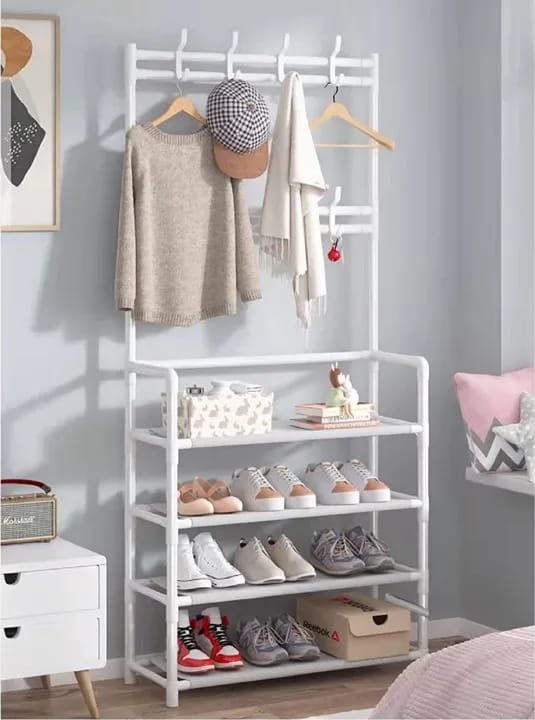 4-Tier Shoe Bench and 8 Hooks Multifunctional Shoe and Hat Rack Storage Shelf - White - image 3