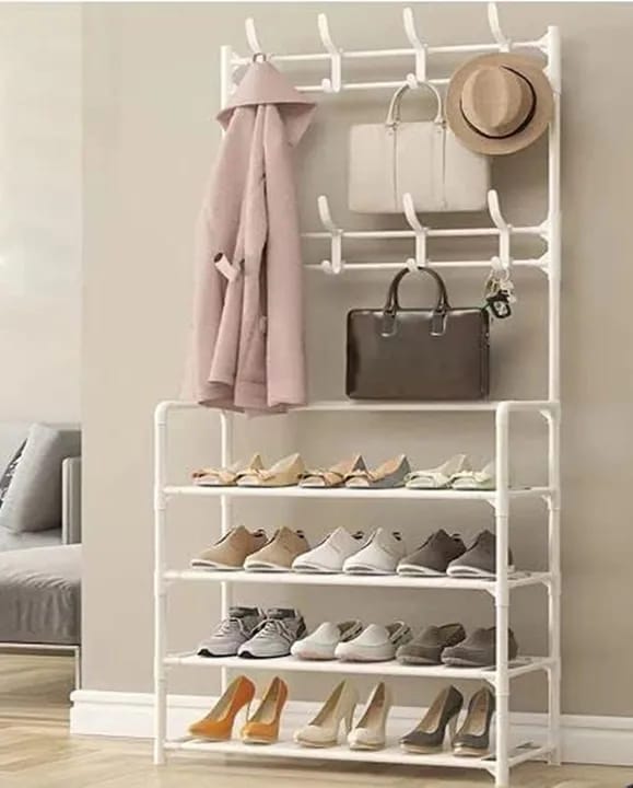 4-Tier Shoe Bench and 8 Hooks Multifunctional Shoe and Hat Rack Storage Shelf - White - image 1