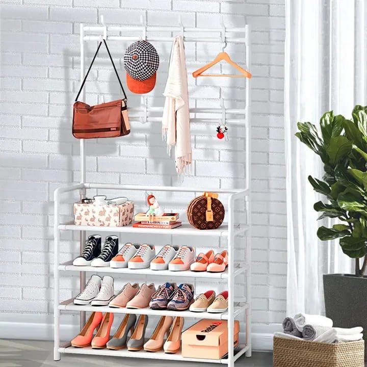 4-Tier Shoe Bench and 8 Hooks Multifunctional Shoe and Hat Rack Storage Shelf - White - image 2