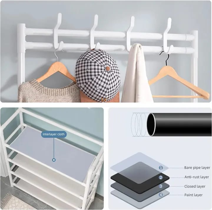 4-Tier Shoe Bench and 8 Hooks Multifunctional Shoe and Hat Rack Storage Shelf - White - image 4