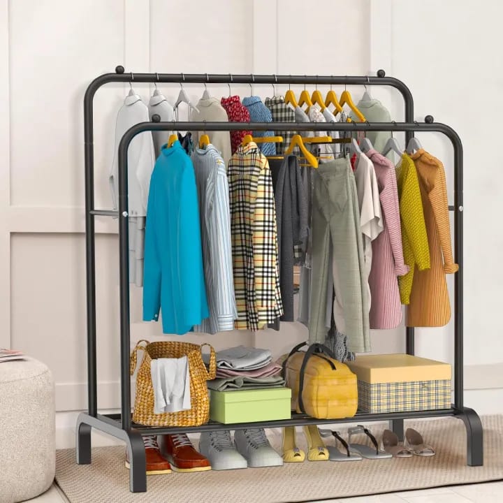 Double Layer Coat Hanging Stand Wardrobe Clothes Hanger Rack (Black) - image 1