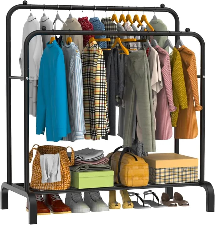 Double Layer Coat Hanging Stand Wardrobe Clothes Hanger Rack (Black) - image 3