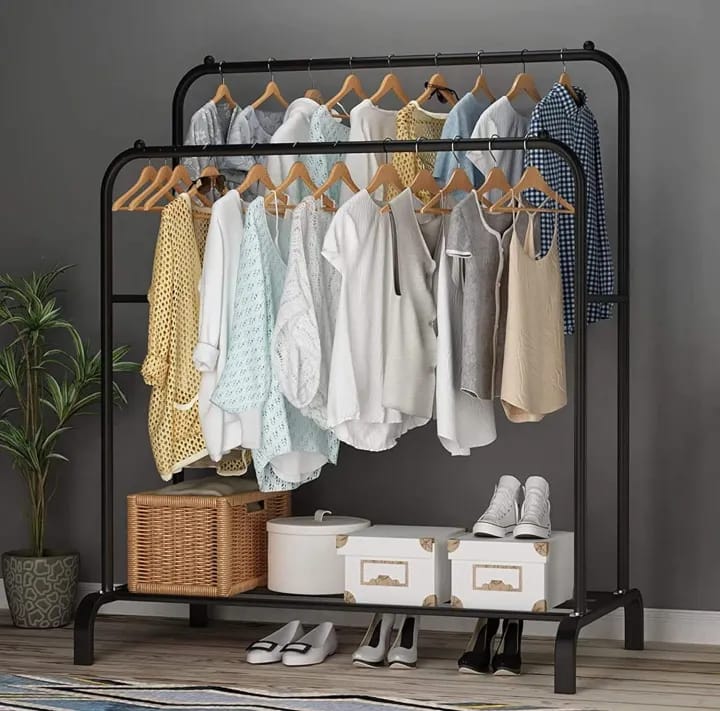 Double Layer Coat Hanging Stand Wardrobe Clothes Hanger Rack (Black) - image 2