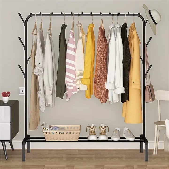 Multipurpose Garments Rack with Bottom Shelves Closet Organizer Coat Hanger ome Cloud Stainless Steel Cloth Hanger Leaf Design - Black - image 1