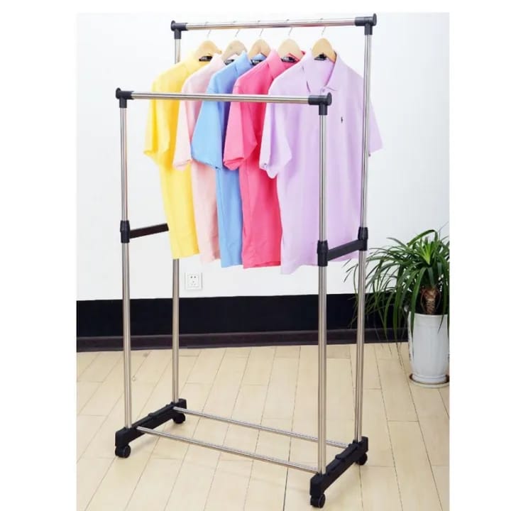 Double Pole Cloth Hanger Rolling Rail Adjustable Portable Clothes Garment Rack Hanger - image 1