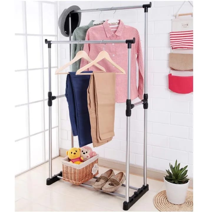 Double Pole Cloth Hanger Rolling Rail Adjustable Portable Clothes Garment Rack Hanger - image 2