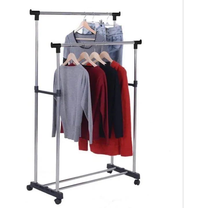 Double Pole Cloth Hanger Rolling Rail Adjustable Portable Clothes Garment Rack Hanger - image 4