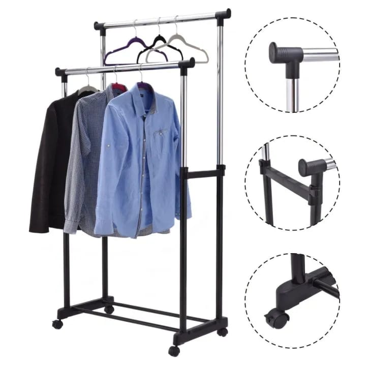 Double Pole Cloth Hanger Rolling Rail Adjustable Portable Clothes Garment Rack Hanger - image 3