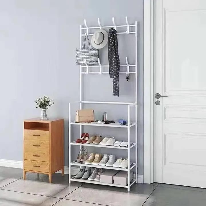 Coat Rack Clothes Hanger With 4 Layer Shoe Rack With 8 Hooks - White - image 1