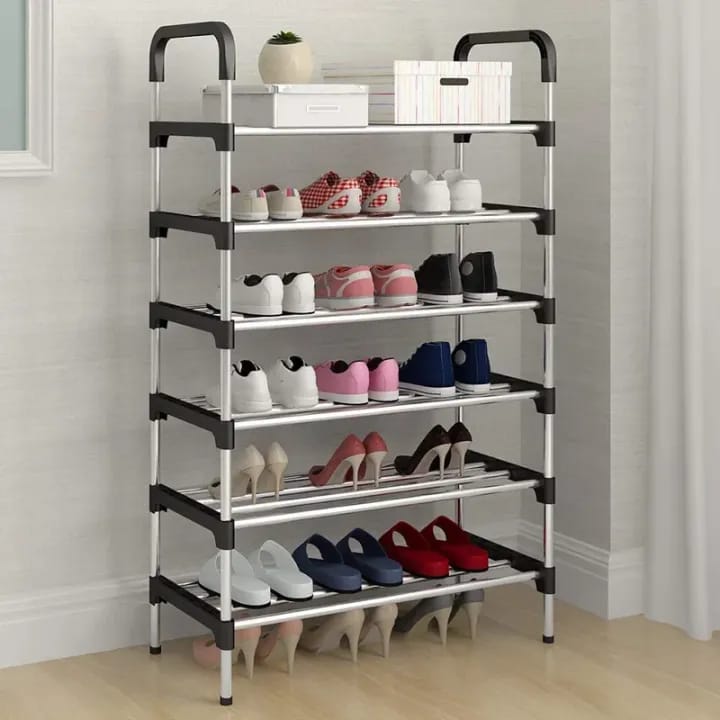 Stainless Steel Foldable 6 Layers Open Shoe Rack - Black - image 1