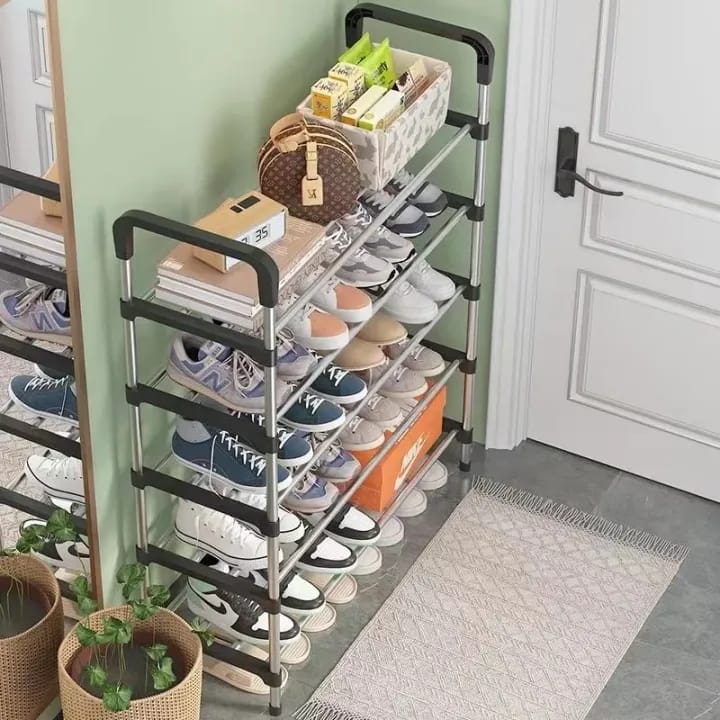 Stainless Steel Foldable 6 Layers Open Shoe Rack - Black - image 3