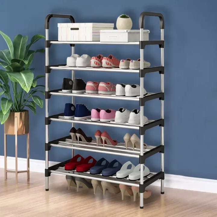 Stainless Steel Foldable 6 Layers Open Shoe Rack - Black - image 2