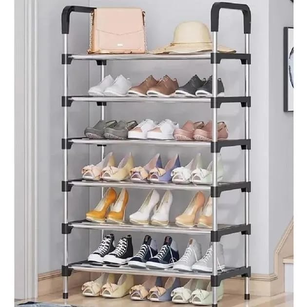 Stainless Steel Foldable 6 Layers Open Shoe Rack - Black - image 4
