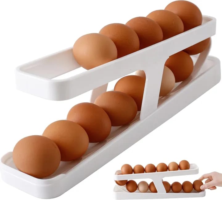 Two Tiers Egg Storage Holder, Auto Rolling Egg Dispenser Tray, Egg Boxes Rack for Fridge, Egg Storage Container for Kitchen Cabinet and Countertop - image 1