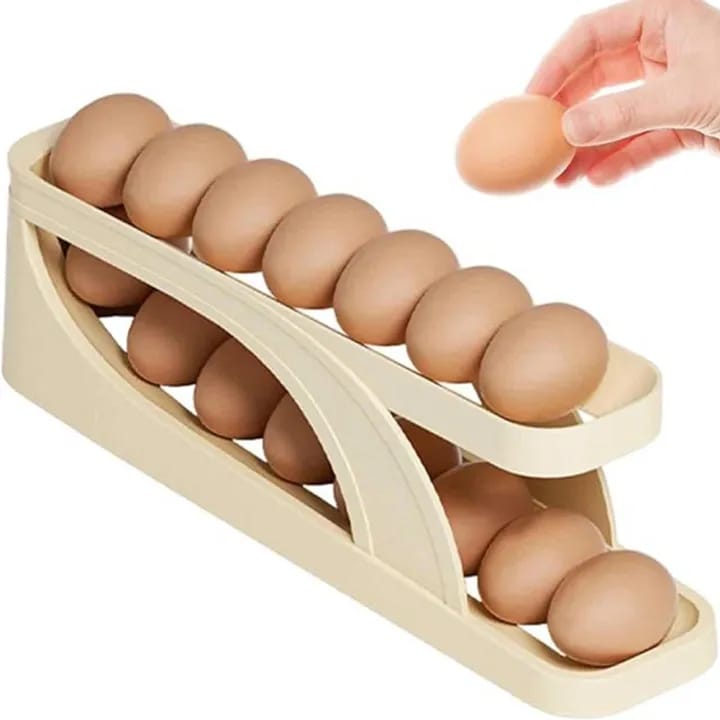 Two Tiers Egg Storage Holder, Auto Rolling Egg Dispenser Tray, Egg Boxes Rack for Fridge, Egg Storage Container for Kitchen Cabinet and Countertop - image 5