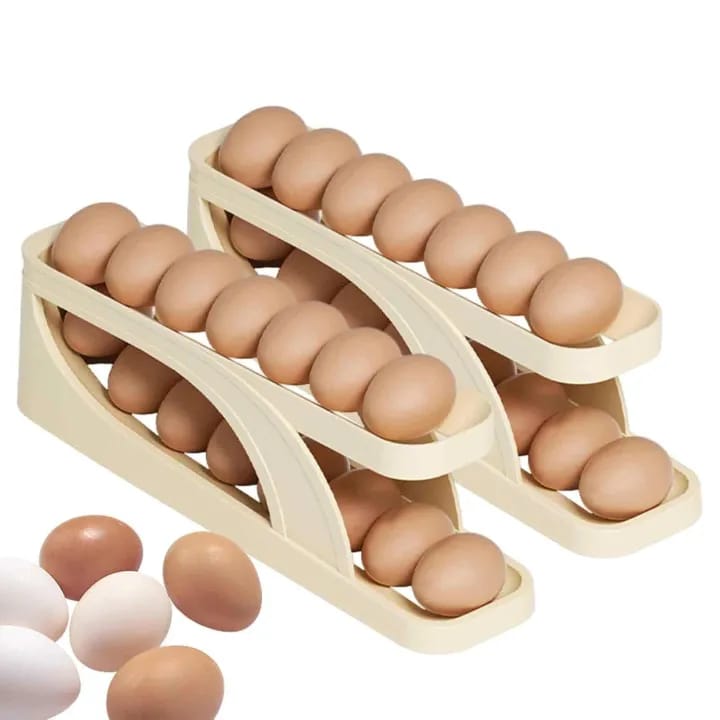 Two Tiers Egg Storage Holder, Auto Rolling Egg Dispenser Tray, Egg Boxes Rack for Fridge, Egg Storage Container for Kitchen Cabinet and Countertop - image 3