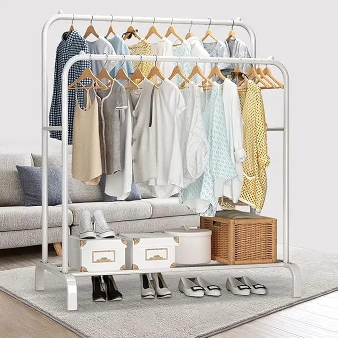 Large Double Coat Hanging Stand Wardrobe Clothes Hanger Rack (White) - image 2