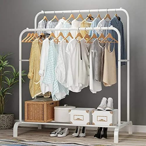 Large Double Coat Hanging Stand Wardrobe Clothes Hanger Rack (White) - image 1