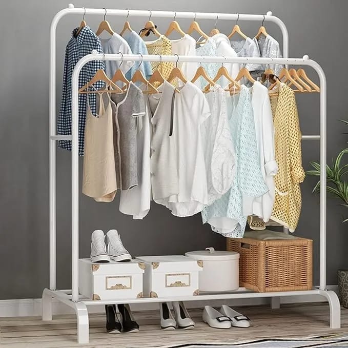 Large Double Coat Hanging Stand Wardrobe Clothes Hanger Rack (White) - image 3