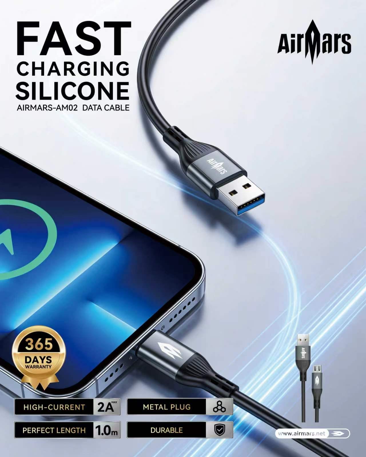 Airmars AM02 Datacable | Metallic Body | Silicone Wire | 1m Length | 3A High Current | Fast Charging | 1 Year Warranty | USB To Micro - image 1