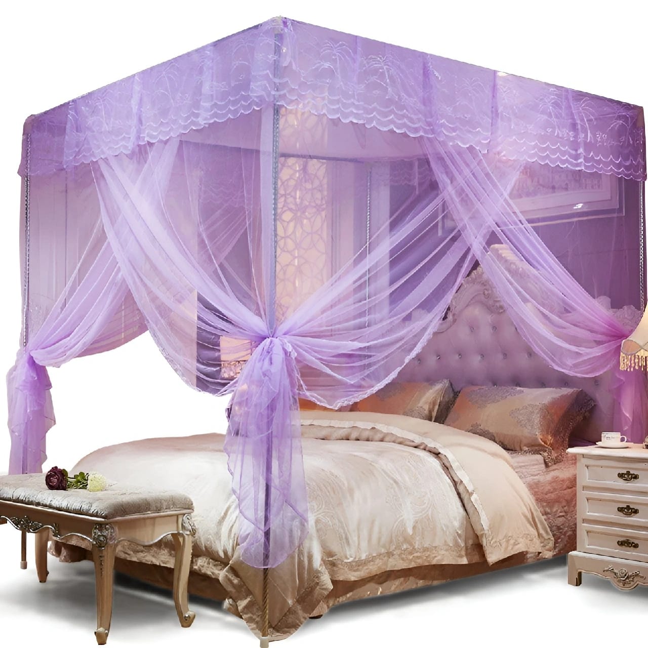 4 Corner Mosquito Net Bed | Embroidered Mosquito Net With Stand | Raja Jhul - image 1