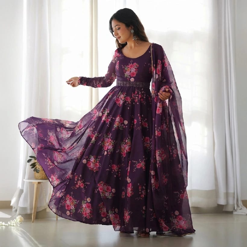 Anarkali Gown With Dupatta Women'S Traditional Pakistani Dress In Chiffon Fabric With Sequins And Stones - image 3