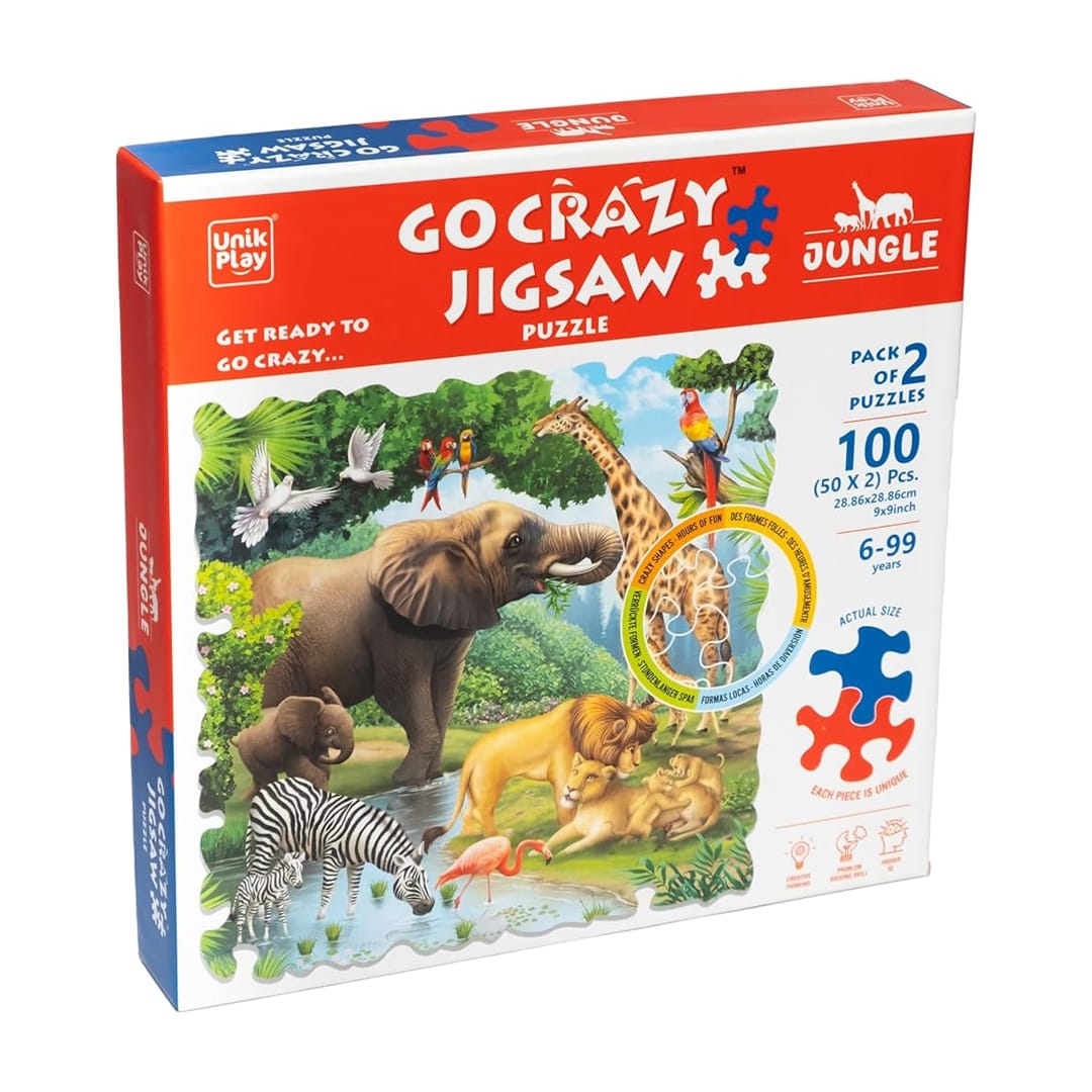 Unik Play Go Crazy Jigsaw Puzzle For Kids And Adults | Attractive Animal Print Puzzle With 2 Puzzle Trays For Age 6 To 99 Years-100 Pcs | Unique Pieces (Jungle) - image 1