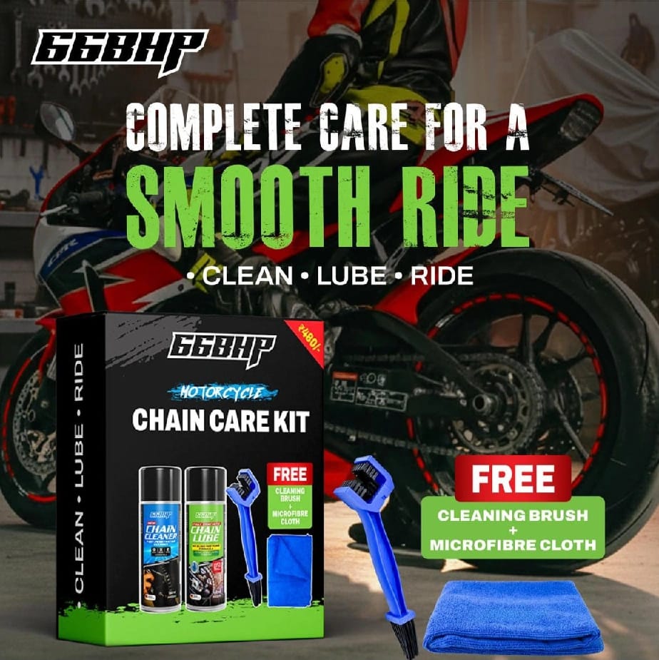 66BHP MOTORCYCLE CHAIN CARE SET/KIT - CHAIN CLEANER 150ml, CHAIN LUBE SPRAY 150ml, CLEANING BRUSH & MICROFIBER