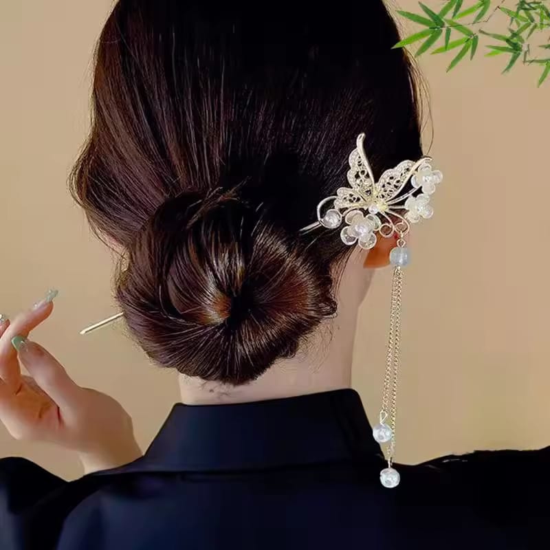 VaryGood Elegant Butterfly Floral Hair Stick For Women – Vintage Hairpin With Dangling Chains & Pearls – Hair Bun Stick For Bridal, Party, Traditional & Daily Wear - image 3