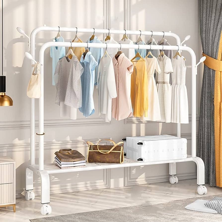 Double Railing and Shelves Heavy Duty Full Body Iron Coat Rack With Hooks/ Double Pole Clothe Hanger Stand With Shoe Rack - image 1