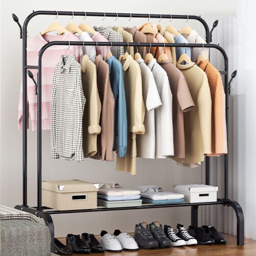 Double Railing and Shelves Heavy Duty Full Body Iron Coat Rack With Hooks/ Double Pole Clothe Hanger Stand With Shoe Rack - image 3