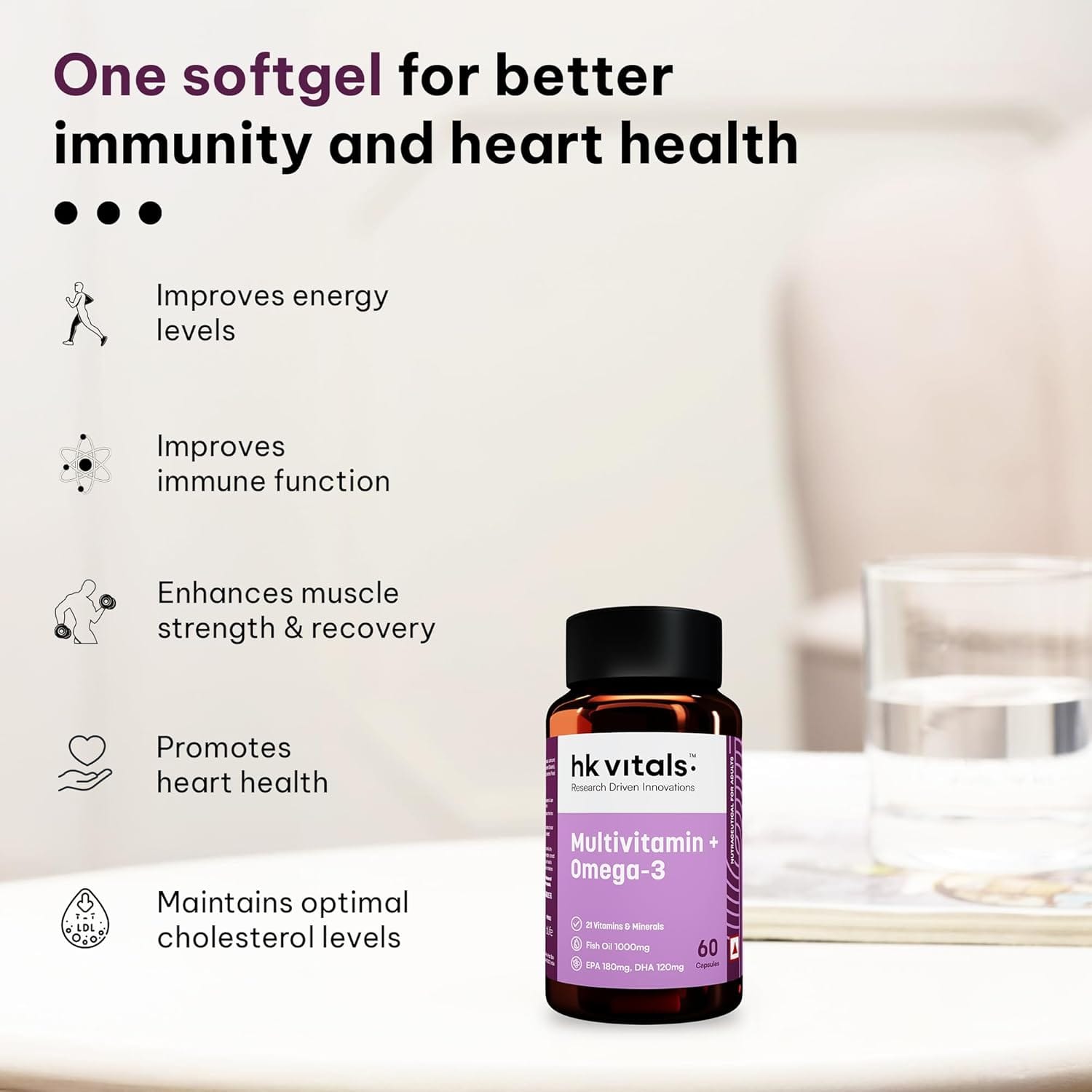 HK Vitals Multivitamin and Omega 3 1000mg 2 in 1 Supplement 60 Capsules For Men and Women with all 21 Vitamins & Minerals 180mg EPA 120mg DHA - image 3
