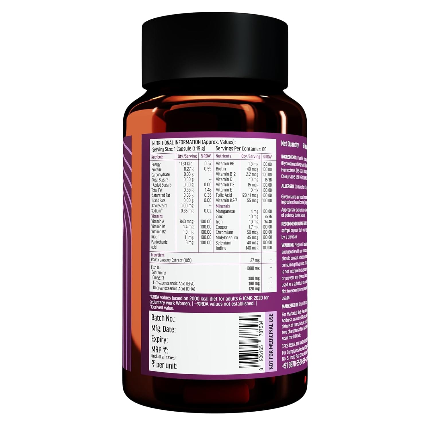 HK Vitals Multivitamin and Omega 3 1000mg 2 in 1 Supplement 60 Capsules For Men and Women with all 21 Vitamins & Minerals 180mg EPA 120mg DHA - image 2