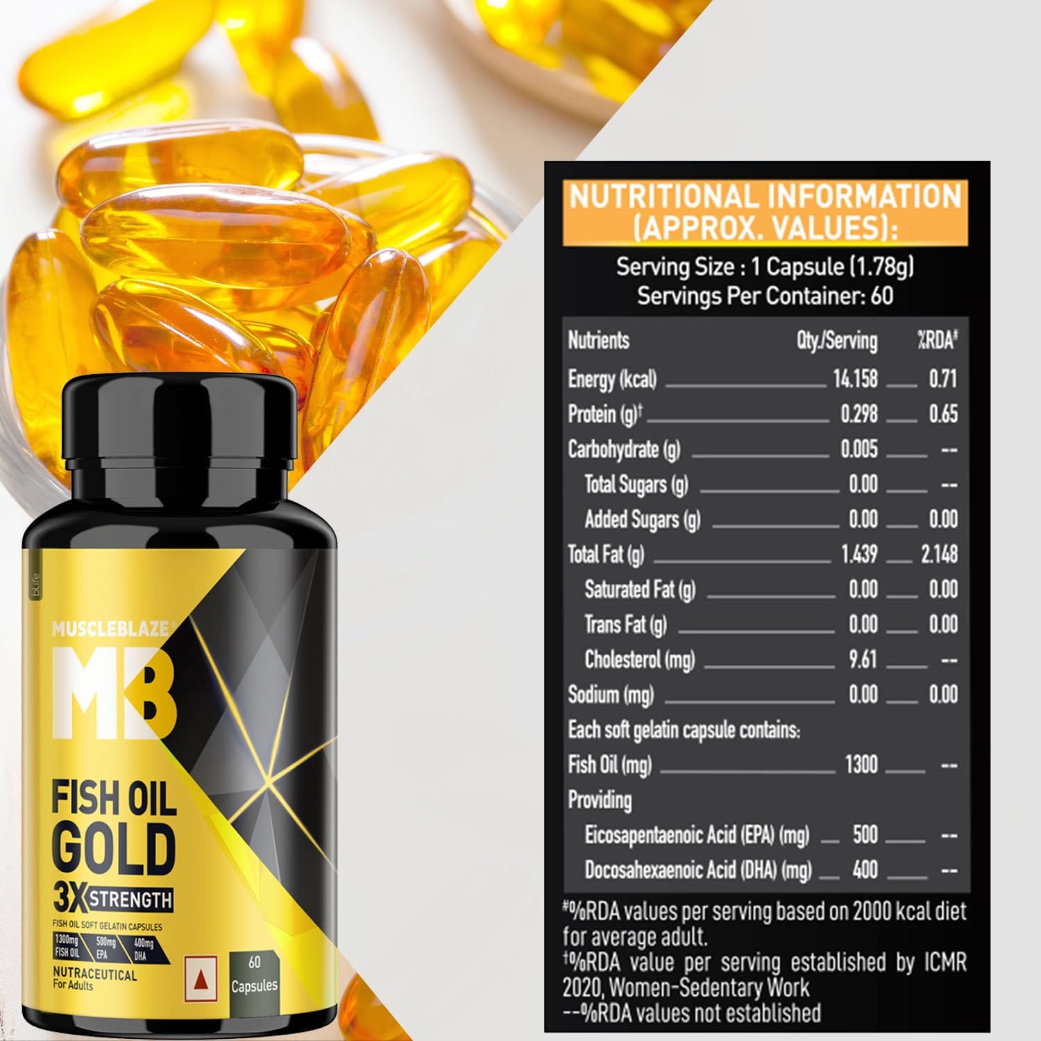 MuscleBlaze Omega 3 Fish Oil Gold 1300mg 60 Capsules with 3x Triple Strength Formula 500mg EPA & 400mg DHA - image 2