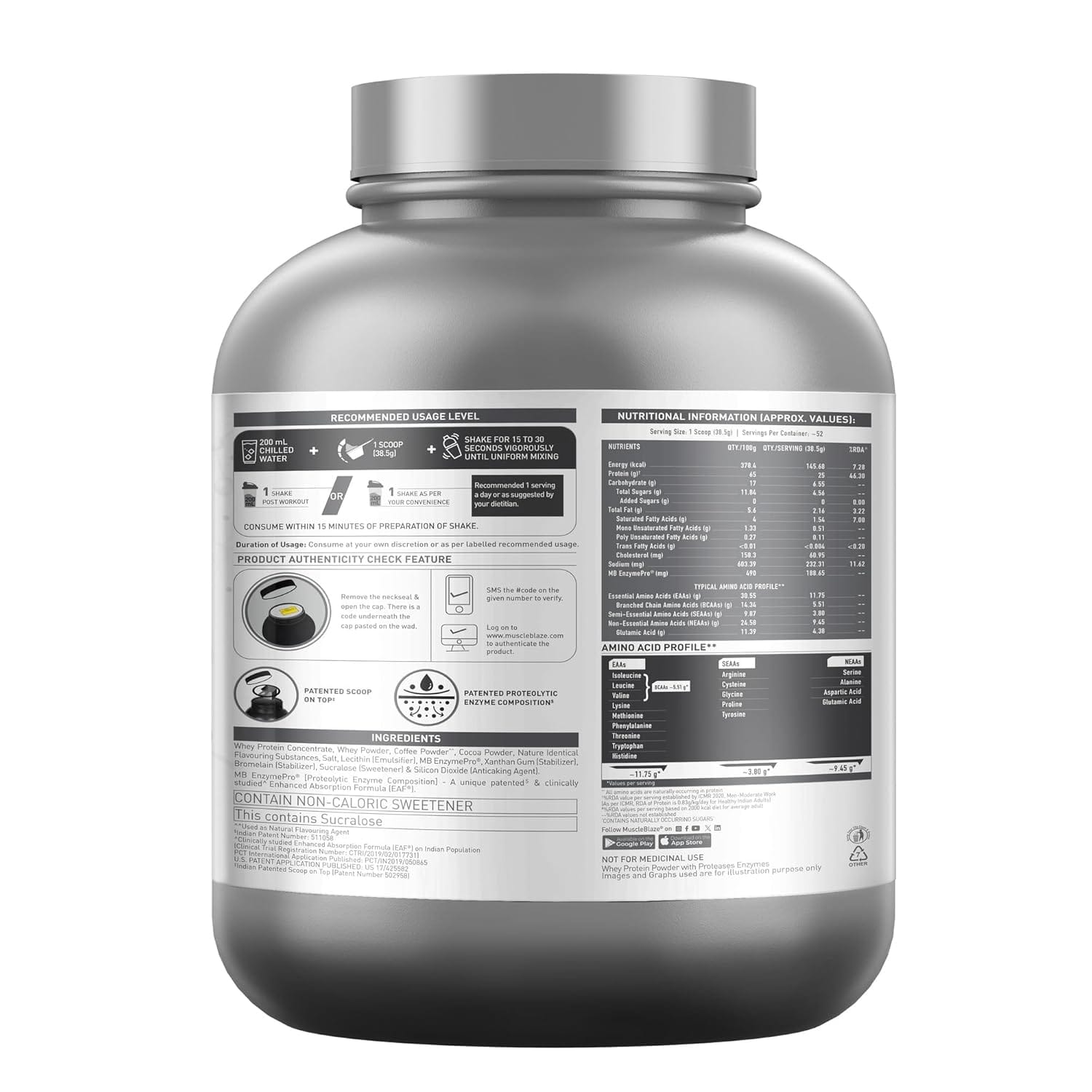 MuscleBlaze Biozyme Performance Whey Protein 2kg Blue Tokai Coffee Flavor Labdoor USA Certified with 25g Protein 11.75g EAA 5.5g BCAA 4.4g Glutamine - image 5