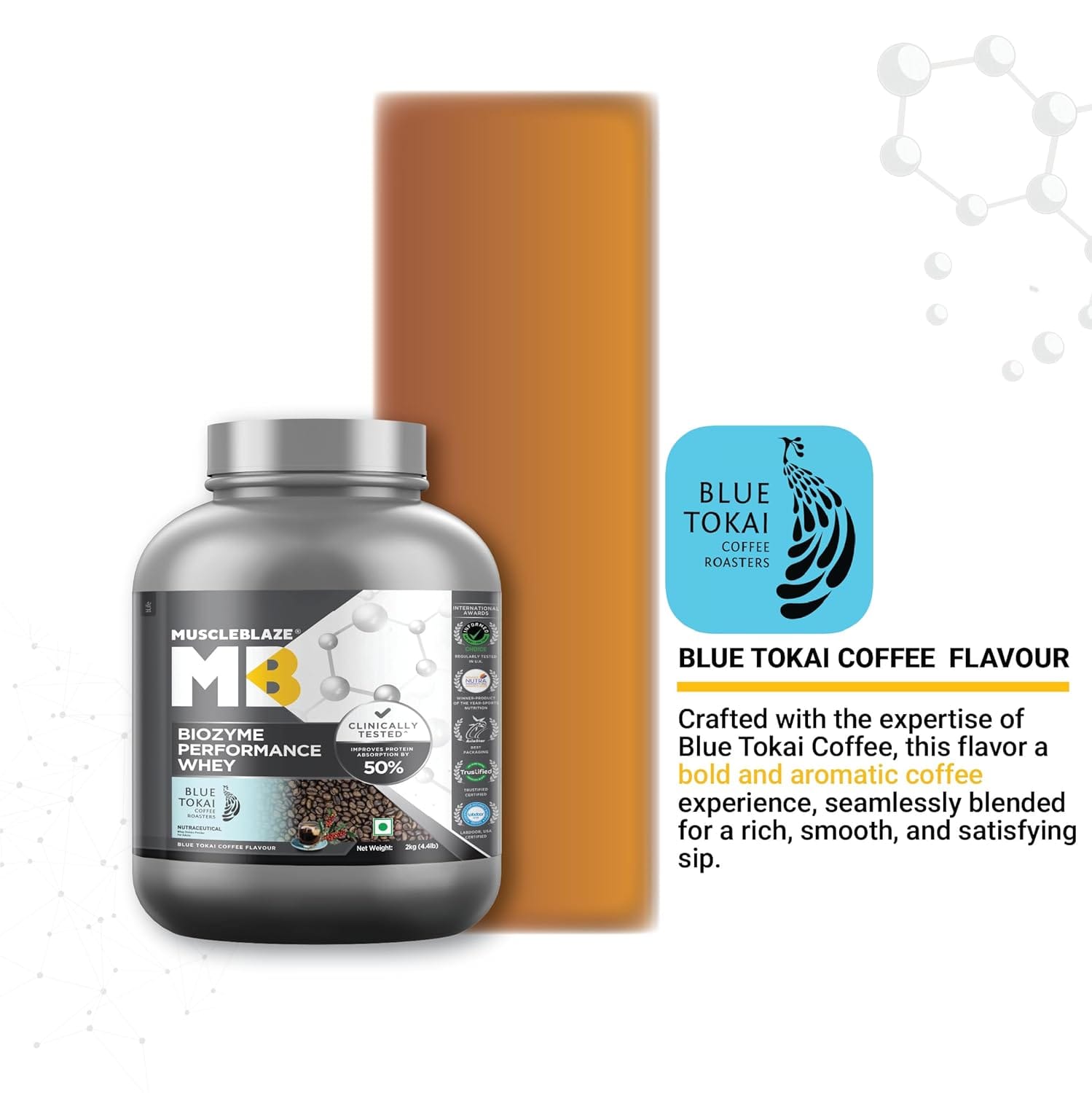 MuscleBlaze Biozyme Performance Whey Protein 2kg Blue Tokai Coffee Flavor Labdoor USA Certified with 25g Protein 11.75g EAA 5.5g BCAA 4.4g Glutamine - image 2