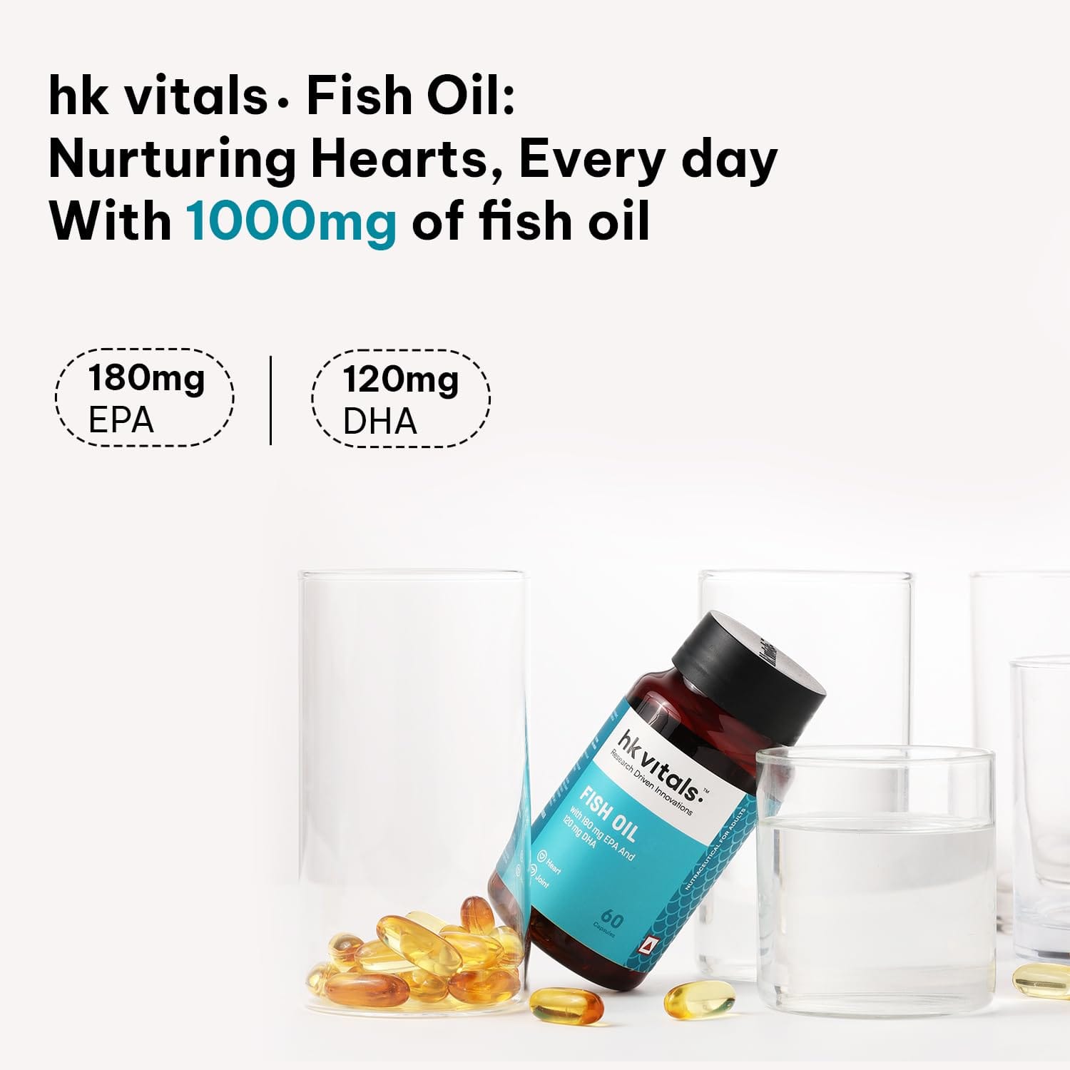 HK Vitals Fish Oil 1000mg Omega 3 60 capsules with 180mg EPA & 120mg DHA For Brain Heart Eyes and Joints Health - image 4