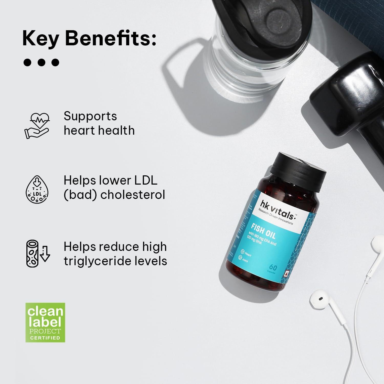 HK Vitals Fish Oil 1000mg Omega 3 60 capsules with 180mg EPA & 120mg DHA For Brain Heart Eyes and Joints Health - image 3